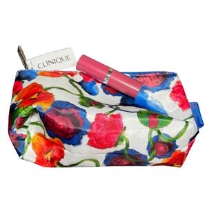 New Clinique Jonathan Cohen Floral Makeup Bag and Plum Pop Lipstick Set NEW